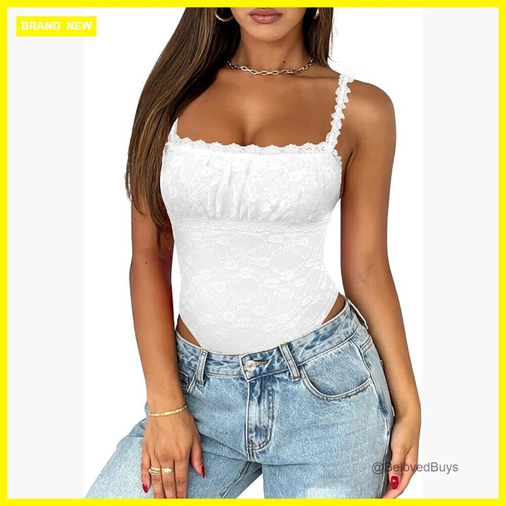 Lace Sleeveless Bodysuit Square Neck Backless Fitted Snap Closure